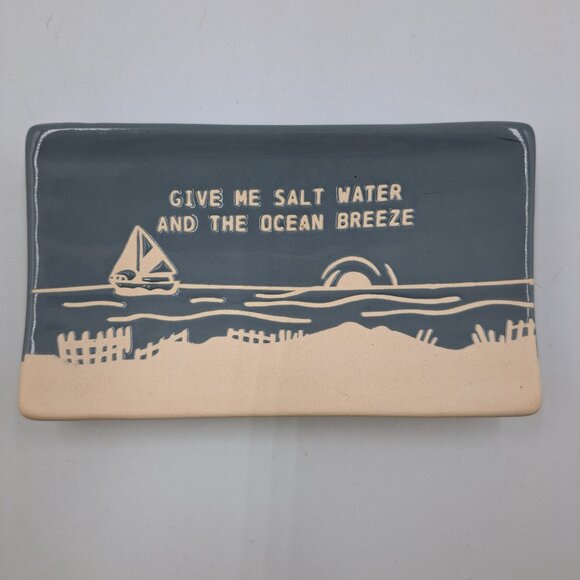 White & Blue Give Me Salt Water & Ocean Breeze Beach Scenic Ceramic Spoon Rest - Picture 1 of 6